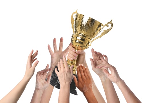 Preview: People reaching for gold cup held by winner against white background, closeup