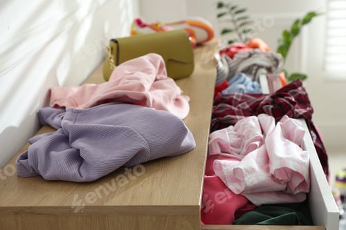 Preview: Chest of drawers with different messy clothes in room, closeup