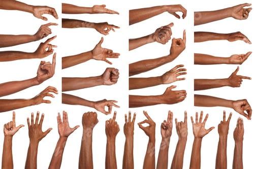 Preview: Set of hand gestures on white background. African american man showing arm, closeup