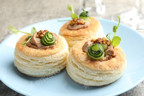 Preview: Tasty puff pastries with pate, cucumber, microgreens and whole grain mustard on light grey table, cl