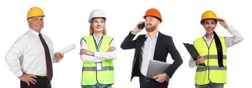 Preview: Engineers with hard hats. Collection of portraits on white background