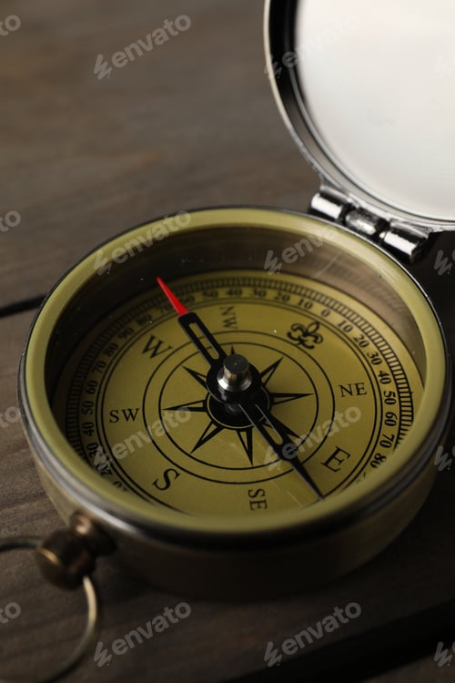 Preview: One vintage compass on wooden table, closeup