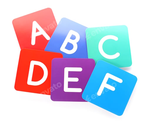 Preview: Colorful cards with letters isolated on white, top view