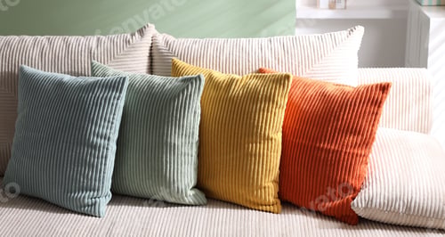 Preview: Many colorful pillows on soft sofa indoors