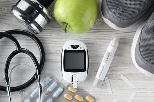 Preview: Diabetes. Flat lay composition with digital glucometer, sports equipment and pills on wooden backgro