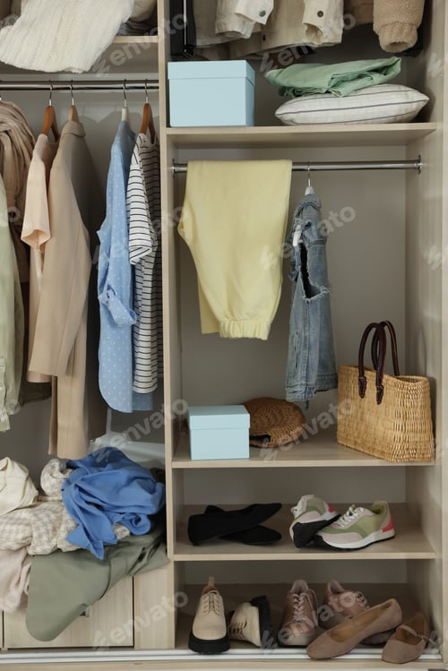 Preview: Many different messy clothes in wardrobe indoors