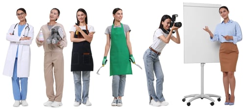 Preview: Choice of profession. Same woman representing different occupations. Collage of portraits on white b