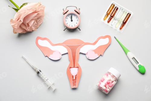 Preview: Gynecology. Flat lay composition with female reproductive system made of paper, medical tools and pi