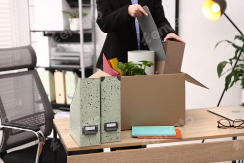 Preview: Dismissal. Woman packing her personal belongings into cardboard box at wooden table in office, close