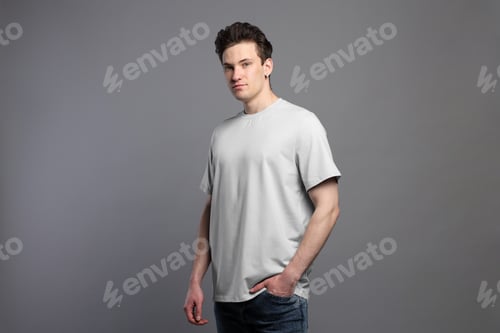 Preview: Handsome young man in blank t-shirt on grey background. Mockup for design