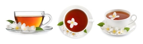 Preview: Jasmine tea and flowers isolated in white, set. Top and side view