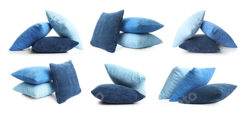 Preview: Throw pillows in shades of blue isolated on white, set