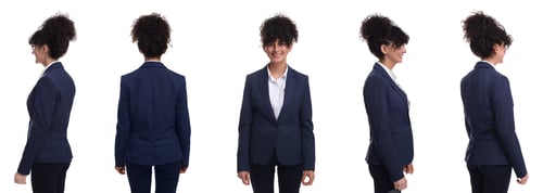 Preview: Beautiful woman on white background. Collage of portraits from different sides