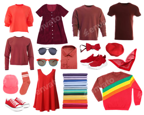 Preview: Different clothes and accessories in shades of red isolated on white, collection