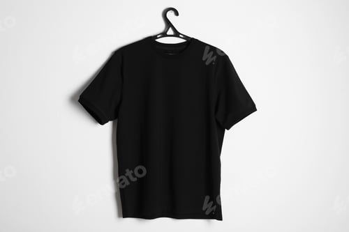 Preview: Black t-shirt hanging on white wall. Mockup for design