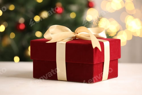 Preview: Christmas gift box on white table against blurred lights, closeup. Bokeh effect