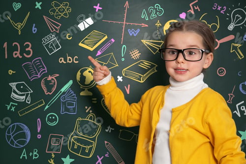 Preview: Cute little child in glasses pointing at green chalkboard with drawings