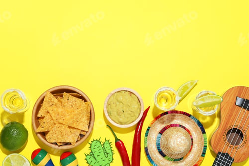 Preview: Flat lay composition with Mexican sombrero hat on yellow background, space for text
