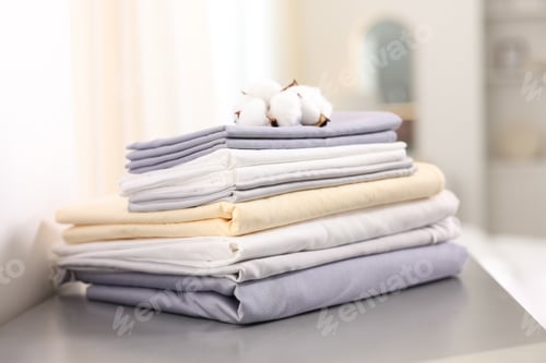 Preview: Stack of fresh bed linens and cotton flowers on grey counter indoors, closeup
