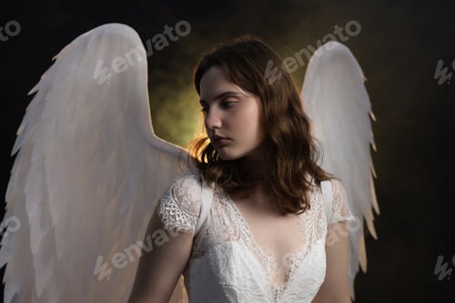 Preview: Beautiful girl dressed as angel on black background with smoke