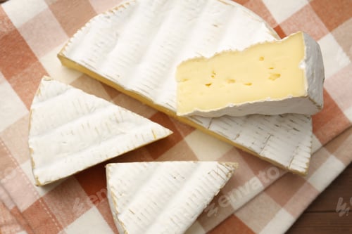 Preview: Cut delicious brie cheese and towel on wooden table, flat lay