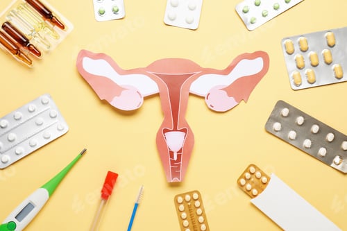 Preview: Flat lay composition with female reproductive system made of paper and gynecological examination kit