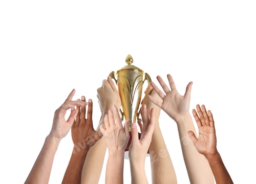 Preview: People reaching for gold cup held by winner against white background, closeup