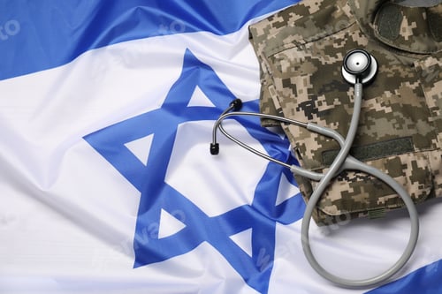 Preview: Stethoscope and military uniform on flag of Israel, above view