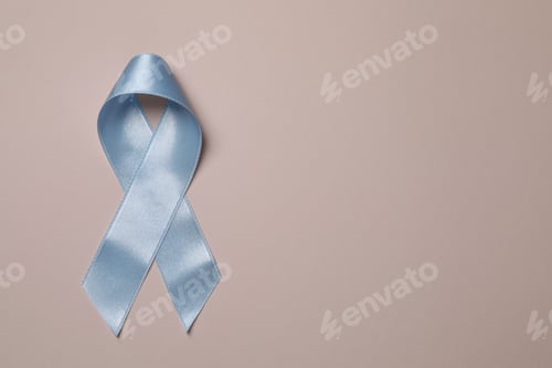 Preview: International Psoriasis Day. Light blue ribbon as symbol of support on beige background, top view. S