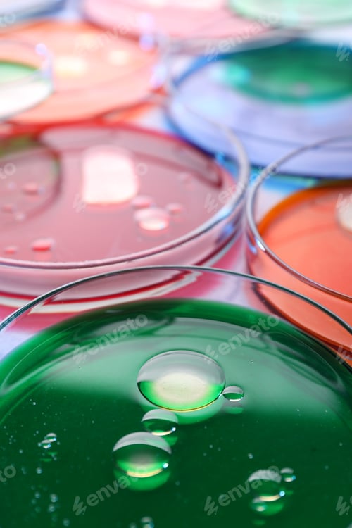 Preview: Biochemistry. Petri dishes with samples as background, closeup