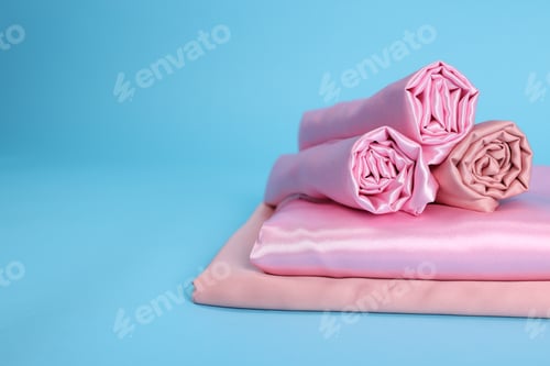 Preview: Fresh bed linens on light blue background, closeup. Space for text