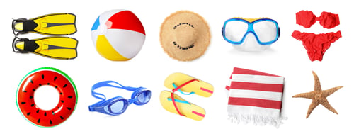 Preview: Different stylish beach accessories and starfish on white background, collage