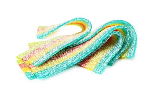 Preview: Delicious colorful sour gummy strips isolated on white. Tasty candies