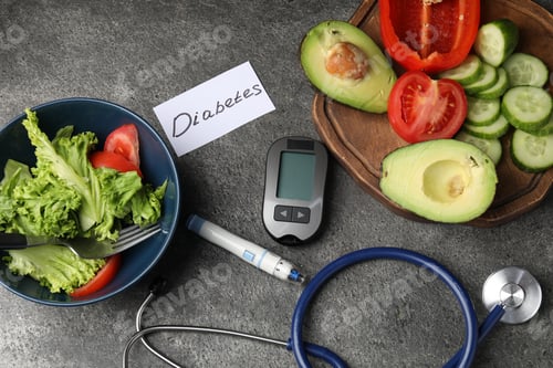 Preview: Diabetes. Digital glucometer, lancet pen, stethoscope, salad and ingredients on grey table, flat lay
