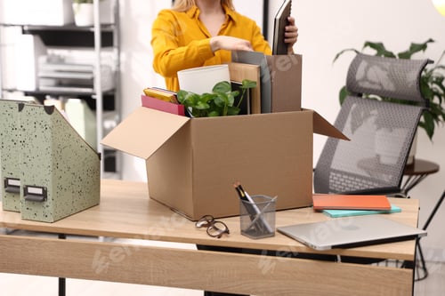 Preview: Dismissal. Woman packing her personal belongings into cardboard box at wooden table in office, close