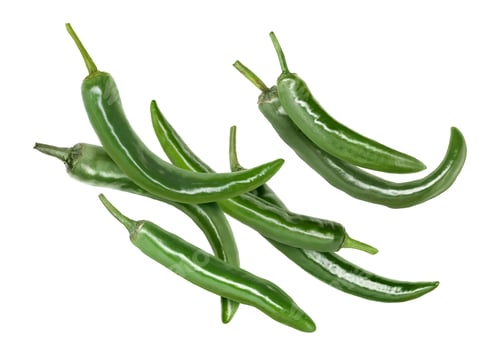 Preview: Green chili peppers flying in air on white background