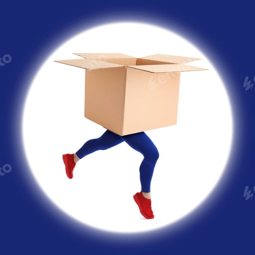 Preview: Cardboard box with woman's legs running on color background. Parcel delivery