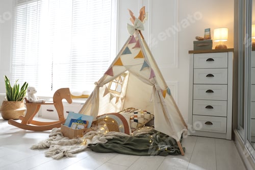 Preview: Cute wigwam with fairy lights and toys in stylish child's room