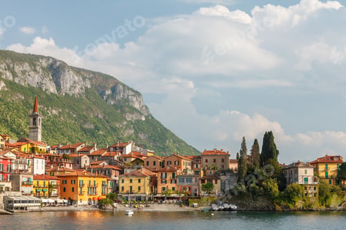 Preview: Varenna waterfront with bell tower Lake Como Italy