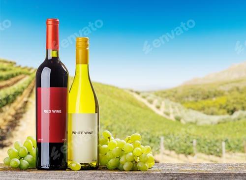 Preview: Red and white wine bottles with grapes