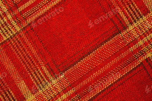 Preview: Red and tan plaid woven textile texture for background Close up of red woven fabric with diagonal pl