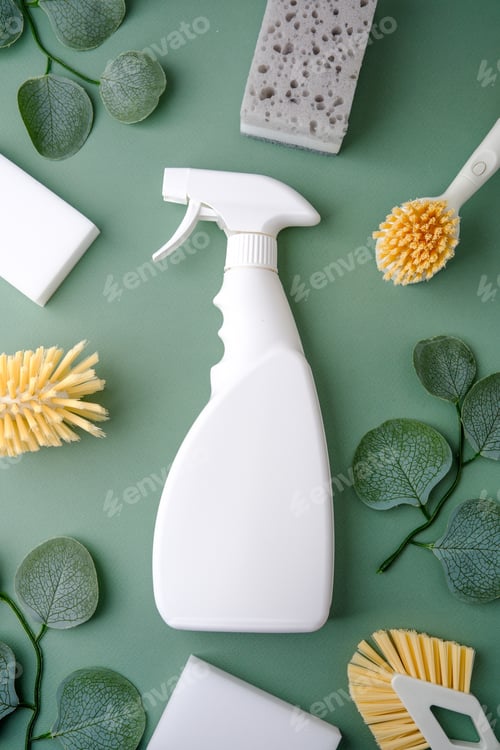 Preview: White spray bottle with cleaning tools and green leaves on a soft green background.