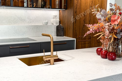 Preview: Modern kitchen counter with sink and floral arrangement