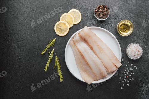 Preview: Raw pollock fillet with spices, lemon and rosemary on dark background