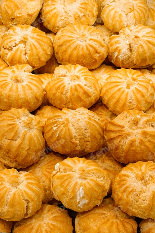 Preview: Cream puffs piled high in a bakery display