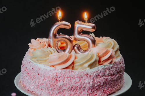 Preview: Celebration cake for a milestone birthday 65 with candles shining bright