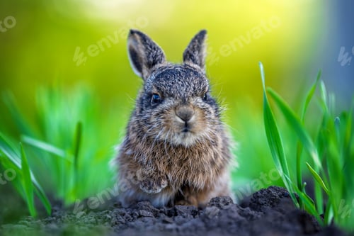 Preview: Baby hare leveret sitting in green grass outdoors