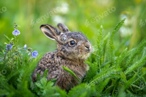 Preview: Young wild hare sitting among green meadow grass