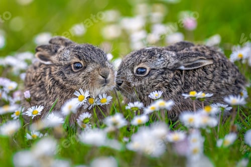 Preview: Young leverets playing among spring daisy flowers