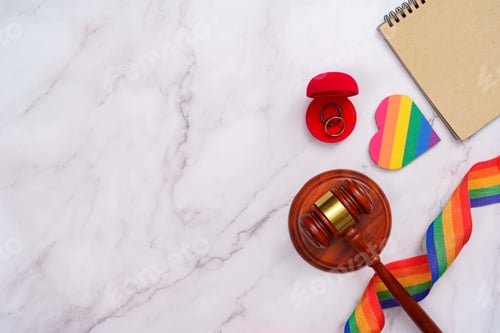 Preview: Marriage equality concept with rainbow heart and gavel